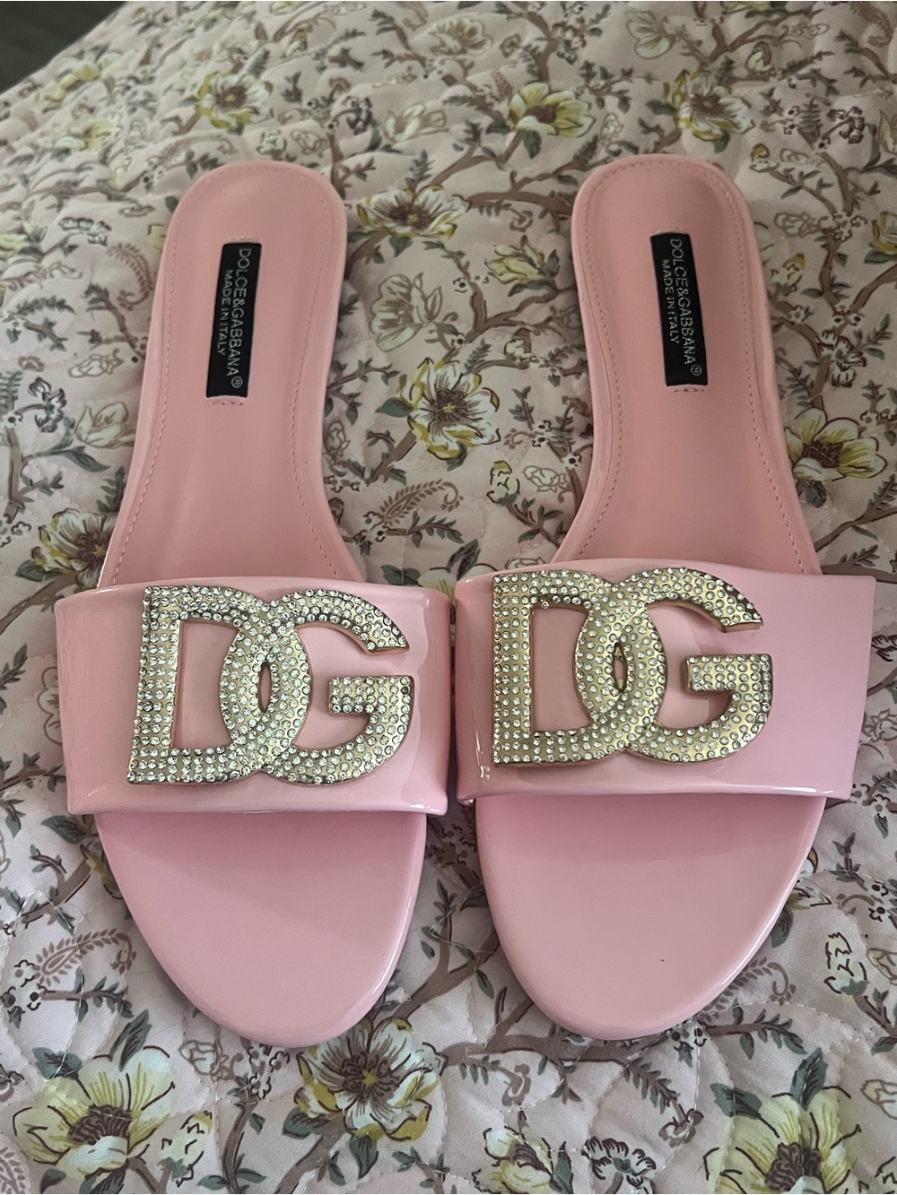 Dolce & Gabbana Pink Crystal-Embellished Patent Slide Sandals